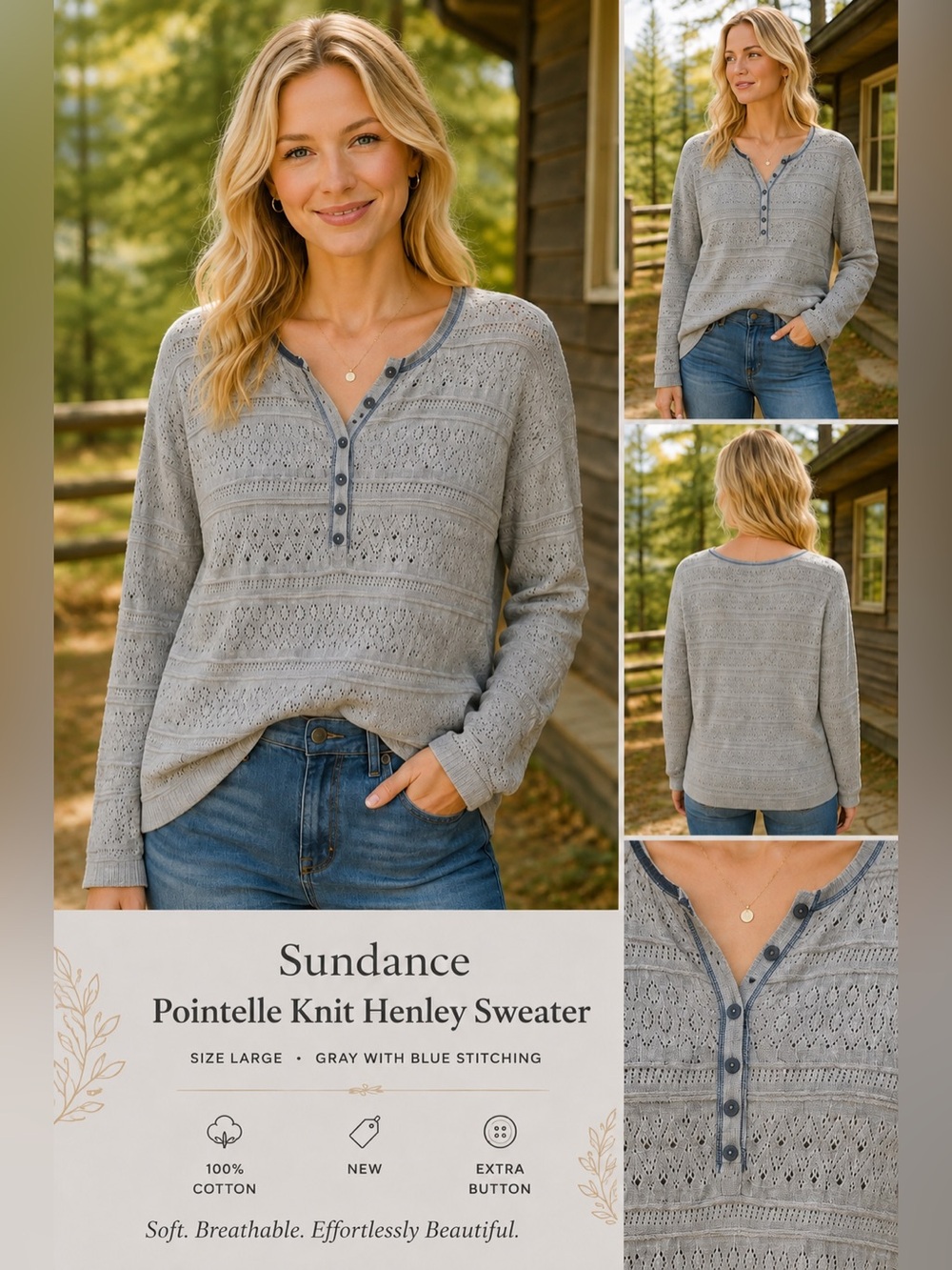 Sundance Pointelle Knit Henley Sweater Gray Blue 100% Cotton Size L NWT